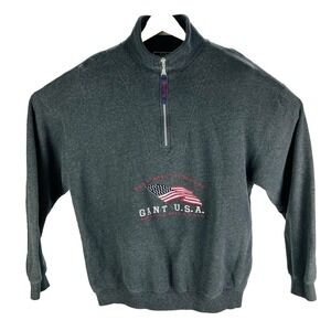 VTG GANT USA Grey Flag Embroidered 1/4 Zip Cotton Pullover Sweater Size Large L